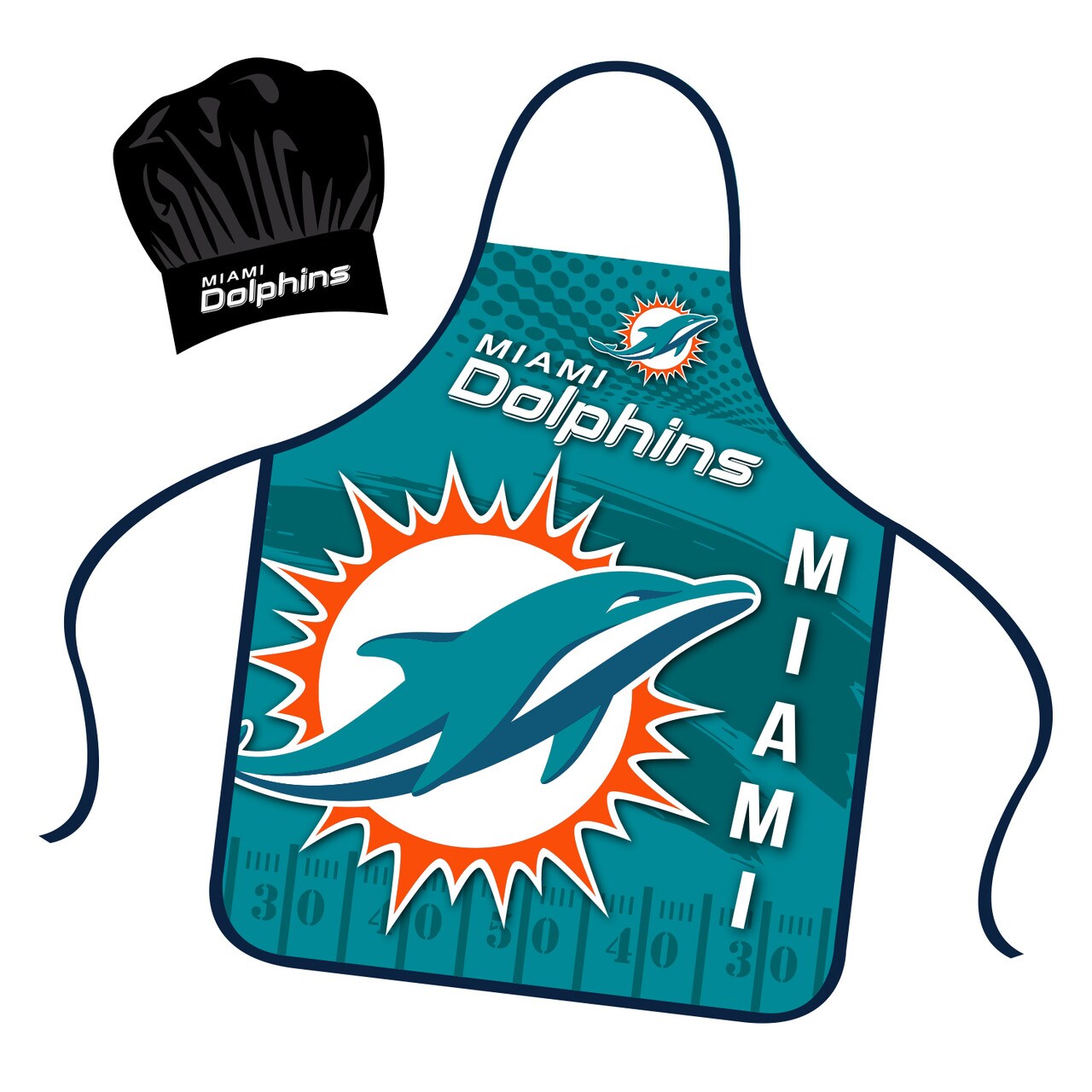 Mojo Licensing Miami Dolphins Apron Chef Hat Set Full Color Universal Size Tie Back Grilling Tailgate BBQ Cooking Host